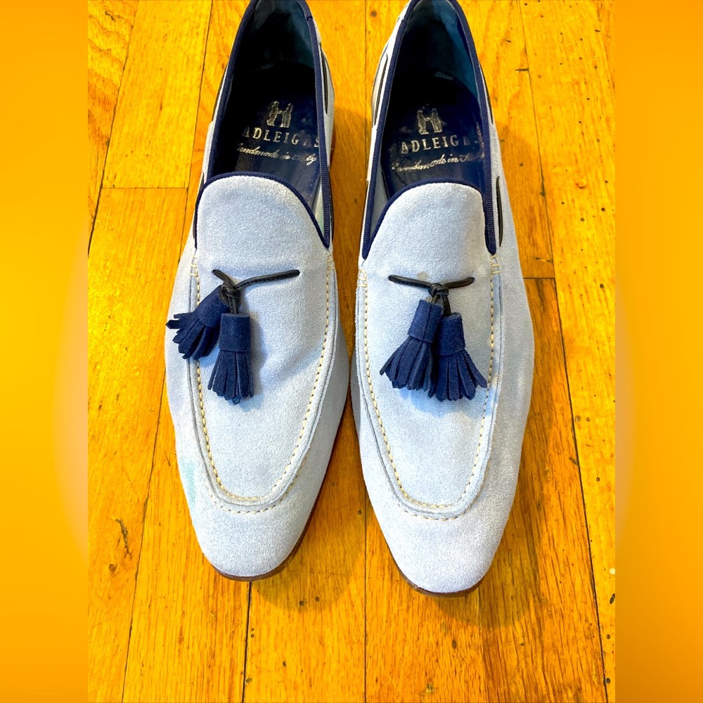 HADLEIGH’S Martin Men’s Light Blue Suede Tassel Loafer Handmade In Italy Size 45